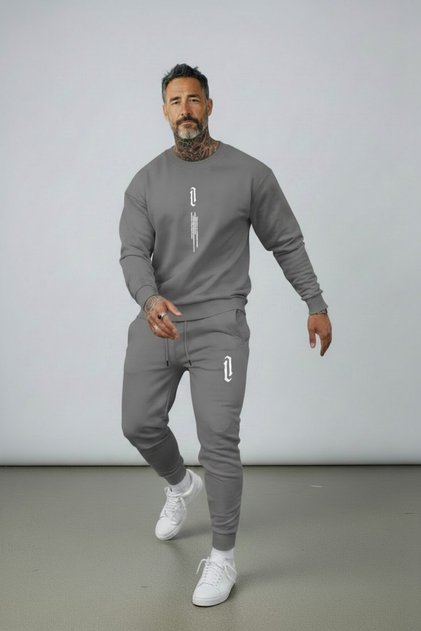 Men's Smoke Gray Vertical Printed Oversize Crew Neck Tracksuit Set