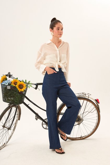 Navy Blue High Waist Lycra Wide Leg Denim Trousers