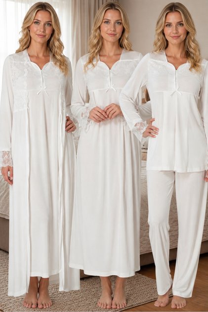 New Season Ecru Long Sleeve Stylish Lace Embroidered Design Dressing Gown Nightgown Pajama Set