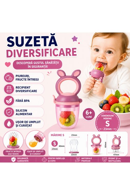 Suzeta pentru diversificarea hranei, pentru fructe si legume, silicon moale, Mov, Marimea S, 6-12 Lu