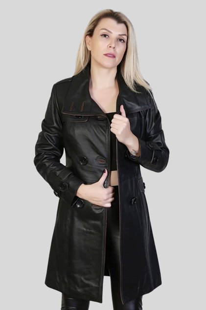 Lara Genuine Leather Women's Black Trench Coat – Belted Double-Breasted Stylish Leather Coat