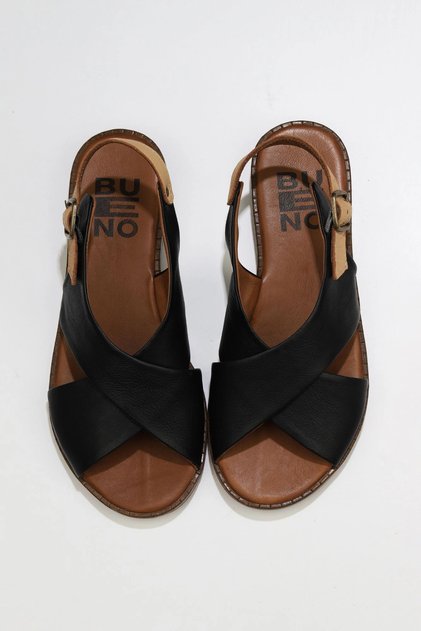 Black Beige Leather Women's Flat Sandals 01Wu8213