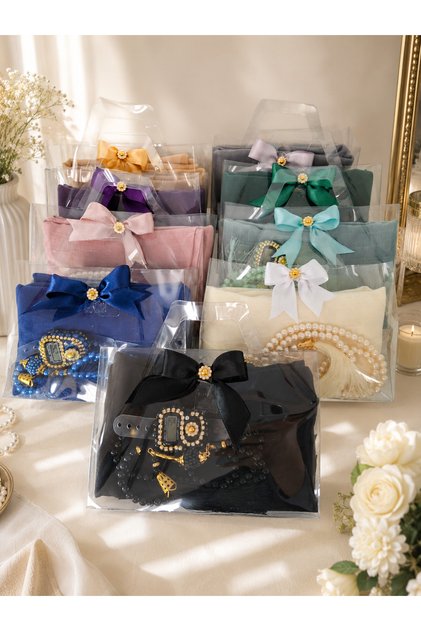 Gift Set with 10 Transparent Bags | Cotton Tulle, Pearl Prayer Beads & Stone Prayer Mat | Mevlid, Umrah