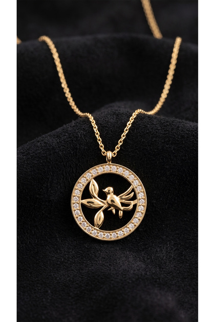 925 Ayar Zirkon Taşlı Gold Yuvarlak Kuş Yuvası Gümüş Kolye