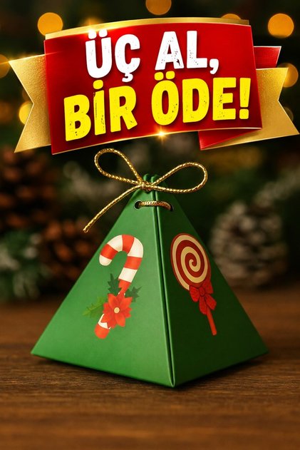 Şeker Kamışı Yeşil 10'lu Piramit Kutu - Hediye Kutusu - Ağaç Süsü - Yılbaşı Kutusu - Yılbaşı Hediye