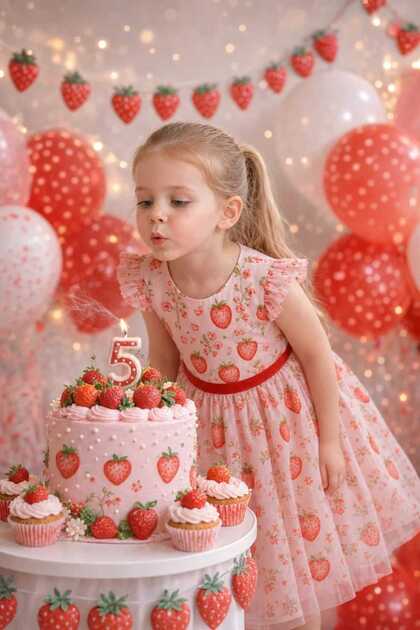 Neşeli Bebe Strawberry-Themed Birthday Girl's Dress – Ages 4-7 | Lightweight Fabric | Suitable for Daily Use