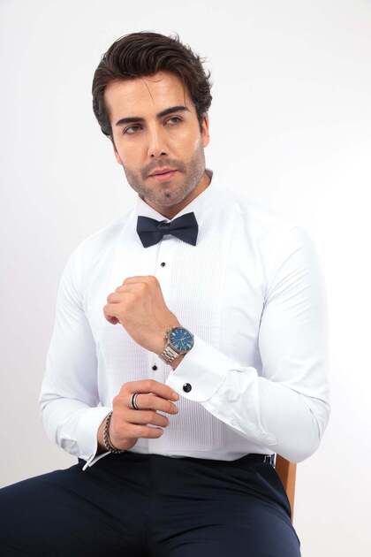 Slim Fit Long Sleeve Soft Satin Tuxedo Groom Wear Men's Gift Boxed Shirt Fs-001947 - White Navy Blue