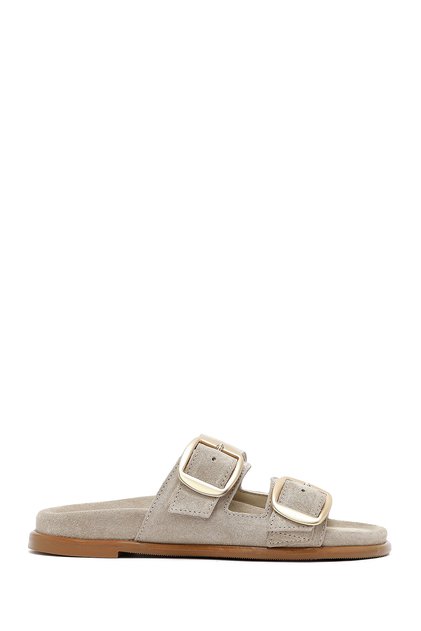 Women's Beige Buckle Suede Leather Slippers 26Sfd200610