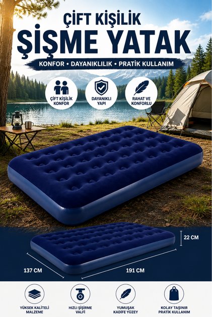 Unisex Lacivert Çift Kişilik Şişme Yatak (191cm X 137cm X 22 cm)