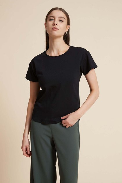 Solid Round Neck Short Sleeve Blouse