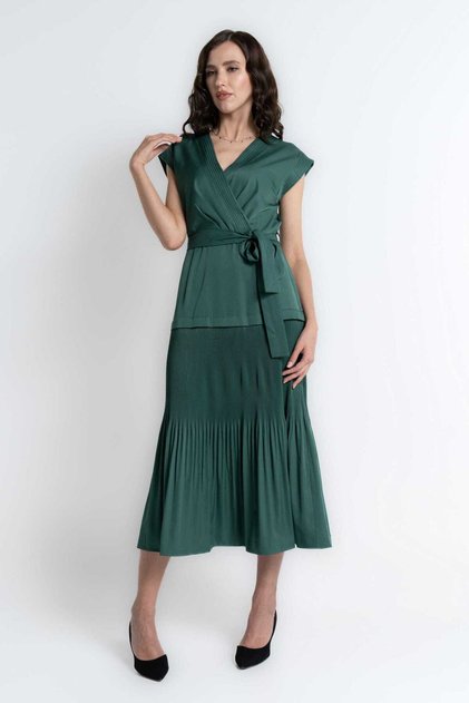 Plain Midi Dress with Short Sleeves and Waist Tie
