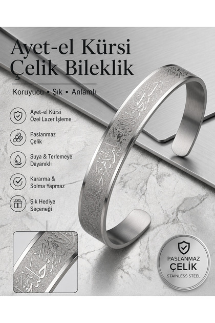 Ayetel Kürsi Steel Handcuff Bracelet Silver Color