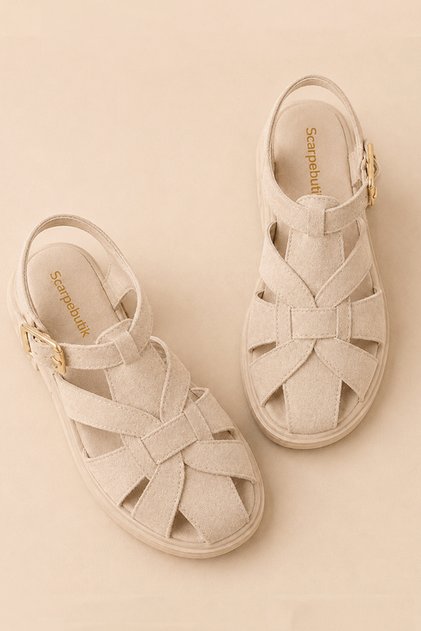 Women's Beige Suede Sandals with Cage Buckle Detail