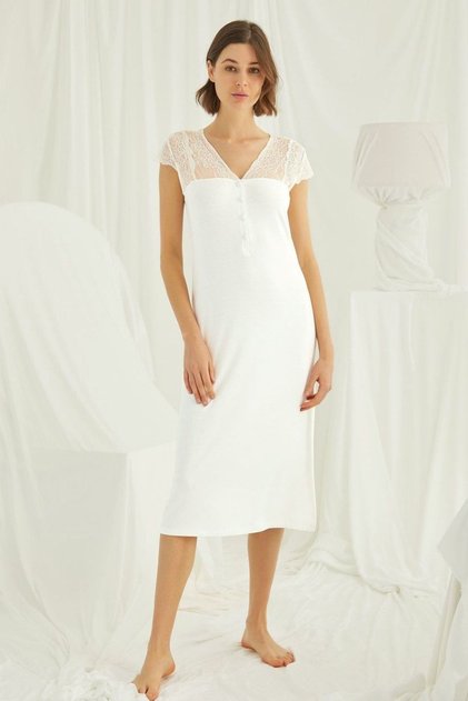 18455 Large Size Women's Ecru Half Placket Lace Oversize Nightgown