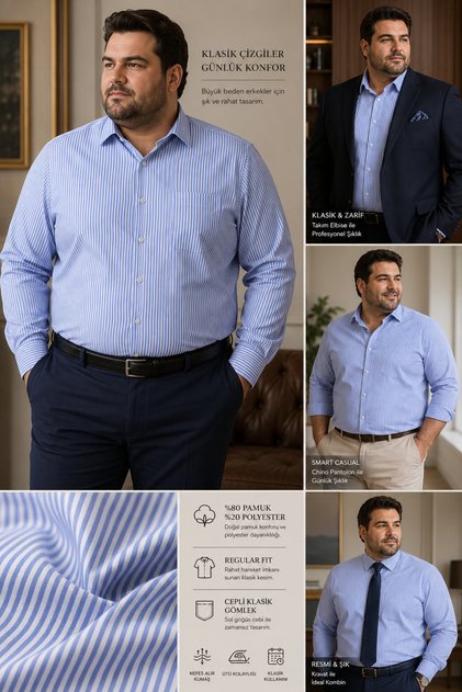 Long Sleeve Regular Fit Oversize Size Pocket Striped Classic Men's Shirt Gml-490
