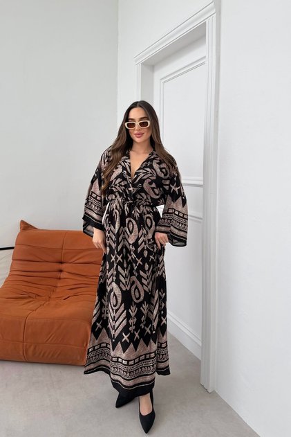 Black Patterned Double Breasted Collar Long Women's Dress