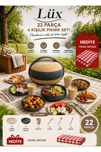 22 Parça Piknik Seti 4 Kişilik ve Taşınabilir Kamp & Piknik Sofra Seti (Ekose Masa Örtüsü Hediyeli)