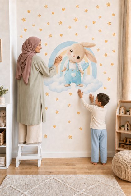 Pastel Rainbow and Rabbit - Premium Boy's Wall Sticker Set with Star Figures
