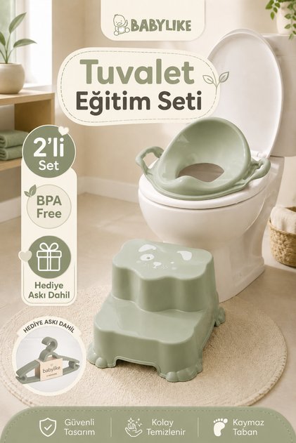 Tuvalete İlk Adım Seti-Bebek&Çocuk için Tuvalet Eğitimi-Kaydırmaz Basamak ve Kulplu Klozet Adaptörü Askı Hediyeli