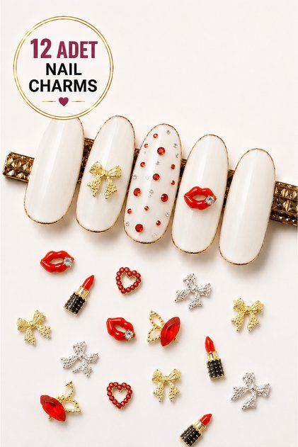 Metal Taşlı Charm Set - 12 Adet Charm + 1 Adet cımbız / Tırnak süs sticker