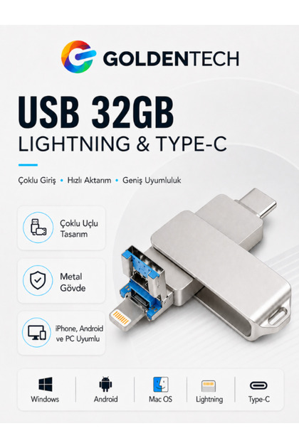 3 in 1 Otg Flash Memory USB High Speed (Type-C - Usb-C - Lightning) Compatible with Iphone-Android-Pc
