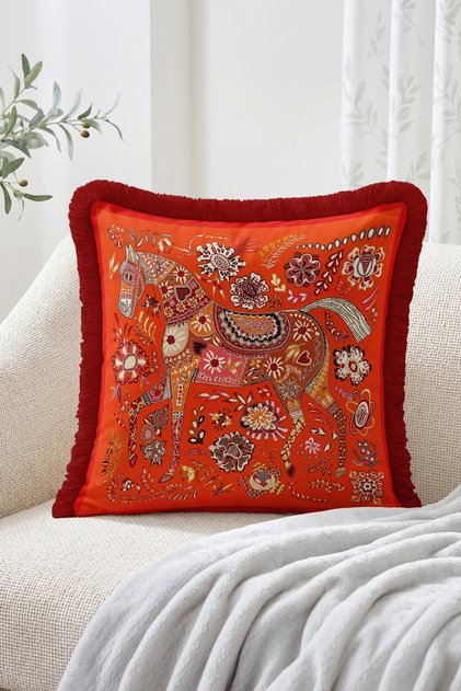 Red Fringed Throw Pillow Cover with Patchwork Floral Motif and Horse Figure - Bohemian Decorative Pillowcase
