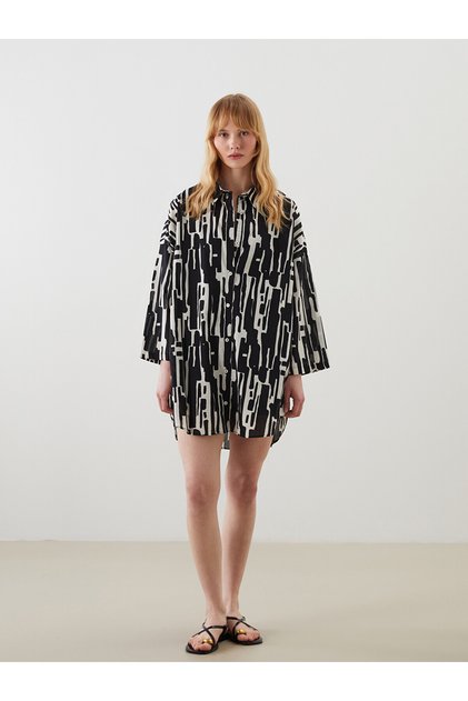 Alita City Women's Beach Dress with Shirt Collar Pattern and Contrast Color