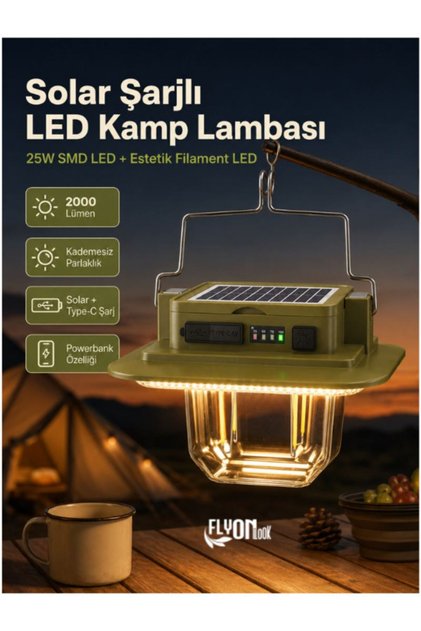 Solar Şarjlı Mıknatıslı LED Kamp Lambası 2000 Lümen 25W SMD LED USB Şarjlı Powerbank Özellikli Askılı Kamp Feneri Güneş Enerjili