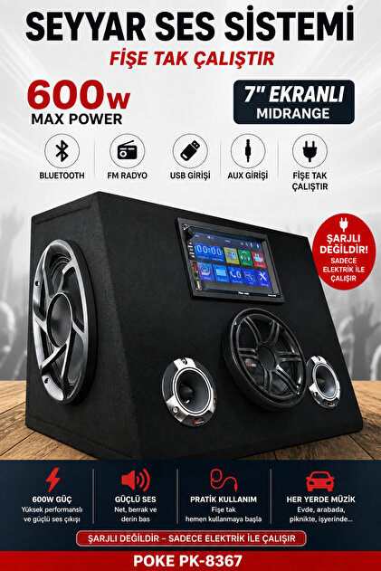 Seyyar Ses Sistemi 600w 7'' Ekranlı Midrange Bluetooth Fm Usb PK-8367