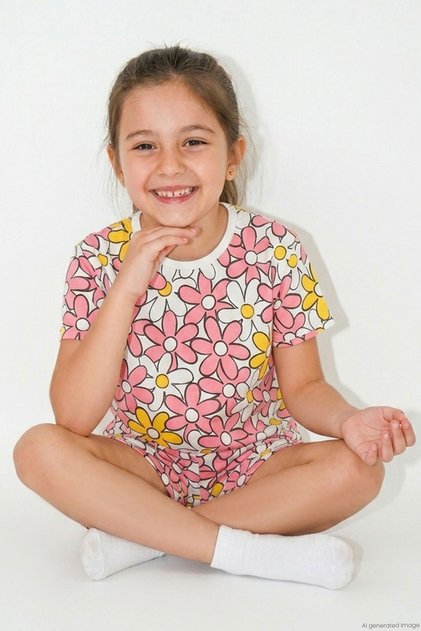 Girl's Shorts Pajama Set with Colorful Daisy Pattern, 4-8 Years, Mixed Colors