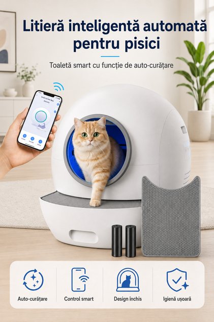 Litiera automata smart pentru pisici, toaleta inteligenta cu functii de auto-curatare