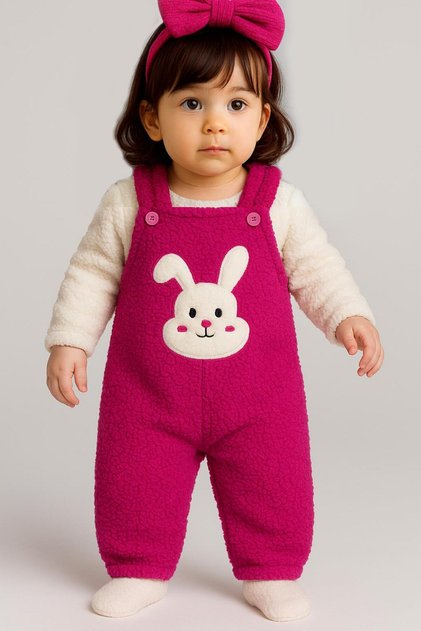 Rabbit Embroidered Winter Plush Welsoft Baby Romper-Fuchsia