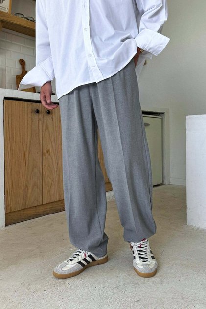 Double Pleated Fabric Trousers Gray