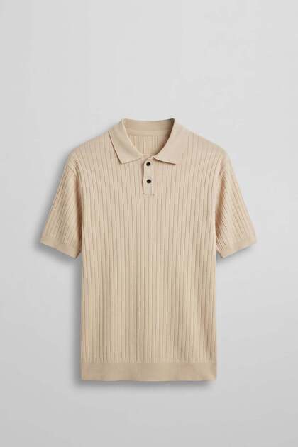 Men's Relaxed Fit Ribbed Knitwear Polo Neck T-Shirt Beige