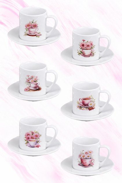 Pink Floral Tea Printed 4/6-Piece White Porcelain Turkish Coffee Cup Set