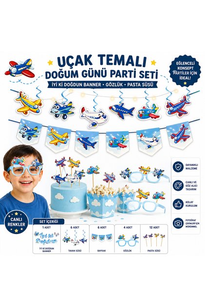 Uçak Temalı Doğum Günü Parti Seti – Banner, Gözlük, Pasta Süsü, Bayrak Seti | Erkek Çocuk Parti Konsepti
