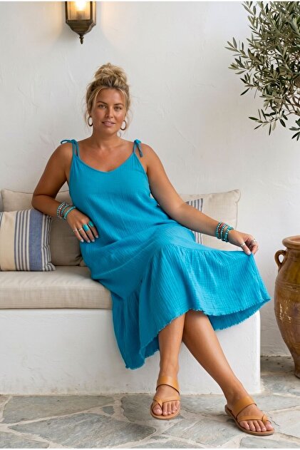 Chiccy Blue Halter Neck Dress with Ruffles at the Hem Casual Muslin Woven  Dress 112 53- Trendyol