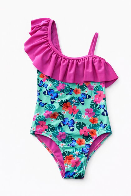 Girl's One-Shoulder Swimsuit with Ruffles and Floral Pattern
