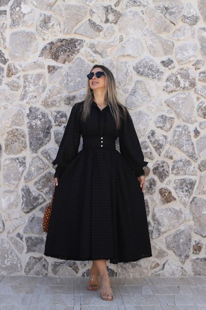 Black Waist-Corsaged Scallop Dress