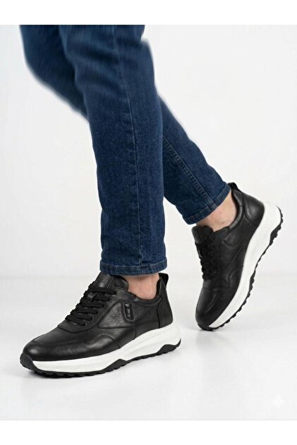 Erkek Siyah Hakiki Deri Ortopedik Taban Günlük Sneaker Ayakkabı