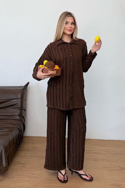 Women's Ruffle Detailed Elastic Waist Shirted Double Set Brown - Mw0000268