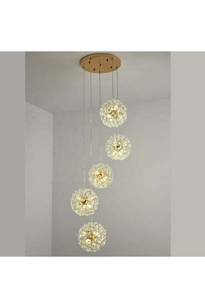 Lustră suspendată LED, Model 21-5, Textură de cristal, Metal, 30 x G9, Auriu