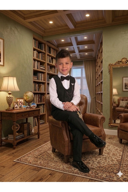 Boys' Tuxedo Suit 6 Buttons Vest with Bow Tie and Chain 4 Piece Set