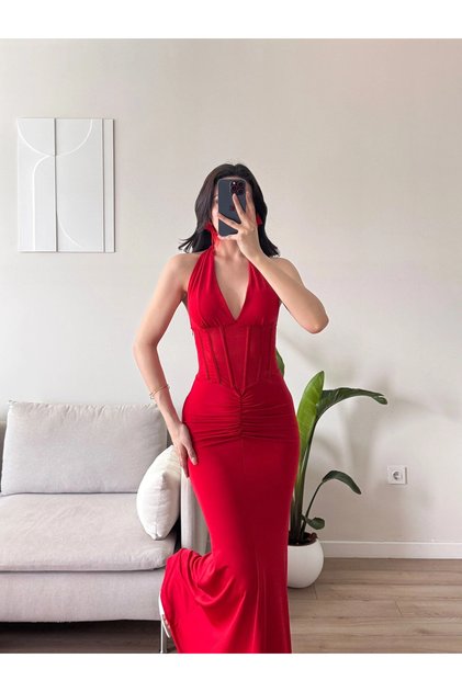 Bel Korse Maxi Elbise - KIRMIZI