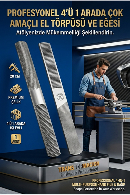 4'ü 1 Arada Profesyonel El Törpüsü Eğe Seti - Ahşap Metal Raspası Düz Yarım Yuvarlak 723175