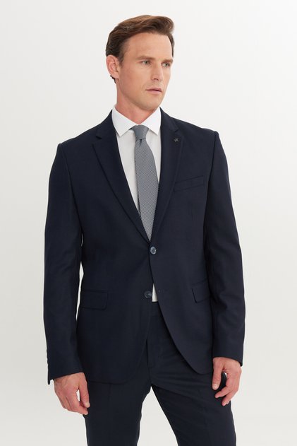 Men's Navy Blue Slim Fit Mono Collar Dobby Stretch Suit