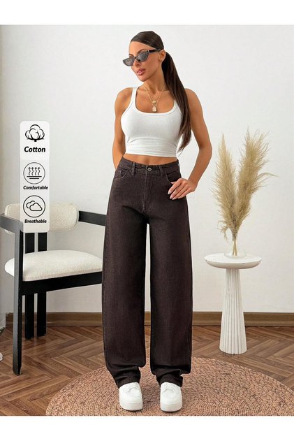 Women's Brown High Waist Wide Leg Denim Jean Pants - Loose Fit Comfortable Cut