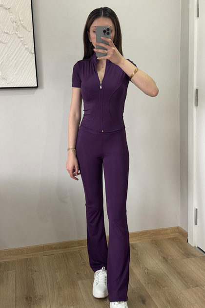 Voga Mor Basic Yoga Pilates Slim Fit Fermuarlı Fitness İspanyol Paça 2'li Alt-Üst Spor Takım