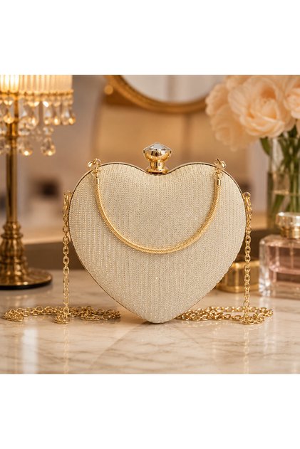 Geanta Clutch Eleganta in Forma de Inima, cu Strasuri si Lant Auriu, pentru Ocazii Speciale