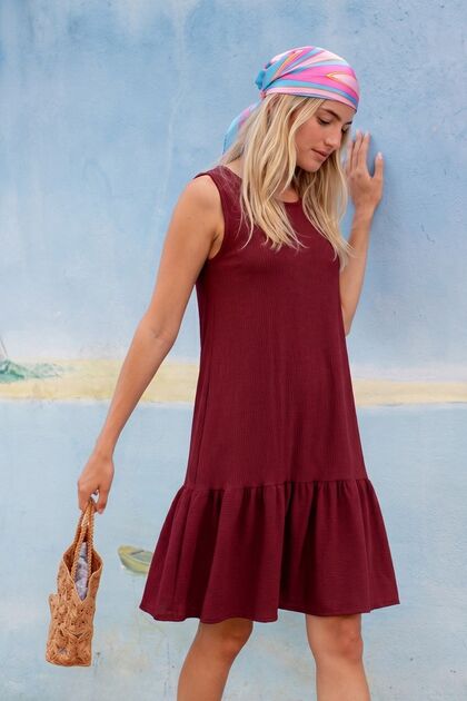 Women's Burgundy Sleeveless Skirt Ruffle Dress Arm-26Y001081